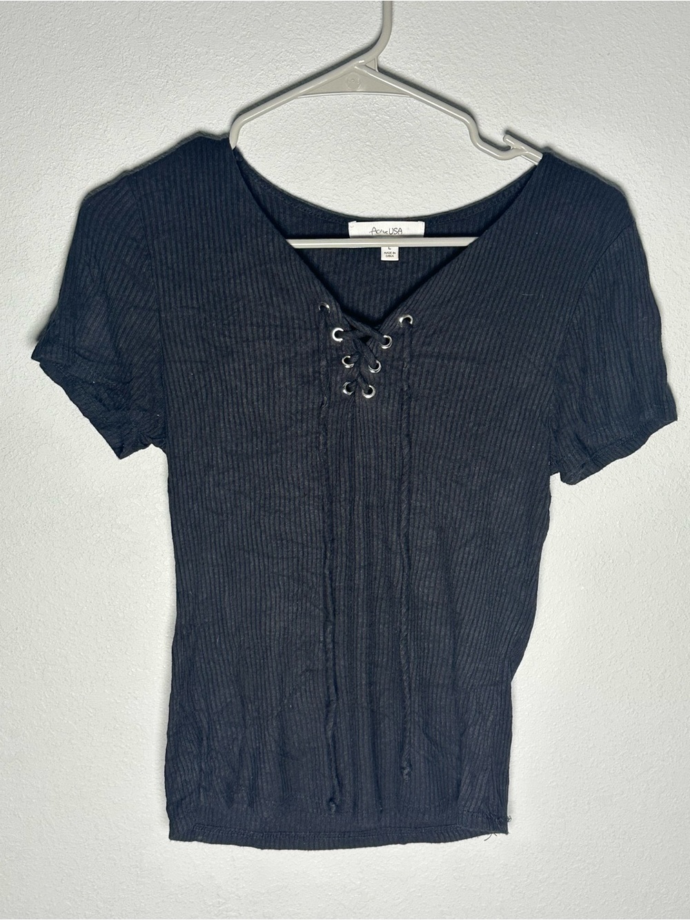 Active USA Black Ribbed Lace-Up V-Neck Short Sleeve Tee